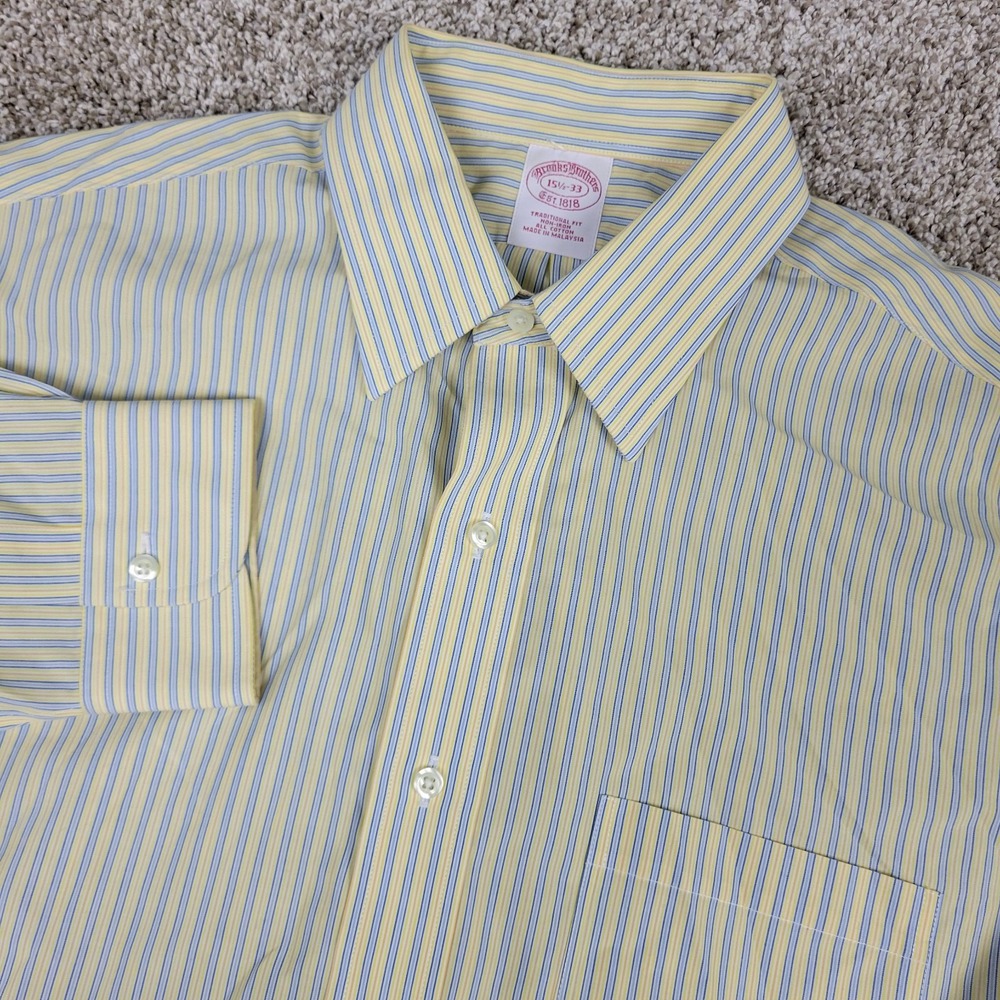 Brooks Brothers Mens 15.5-33 Yellow Blue Striped Button Up Long Sleeve